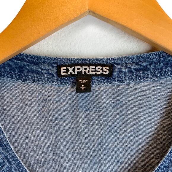 Express | Medium | Sleeveless Denim Blue Chambray Romper Button Down Tie Waist - Picture 3 of 7